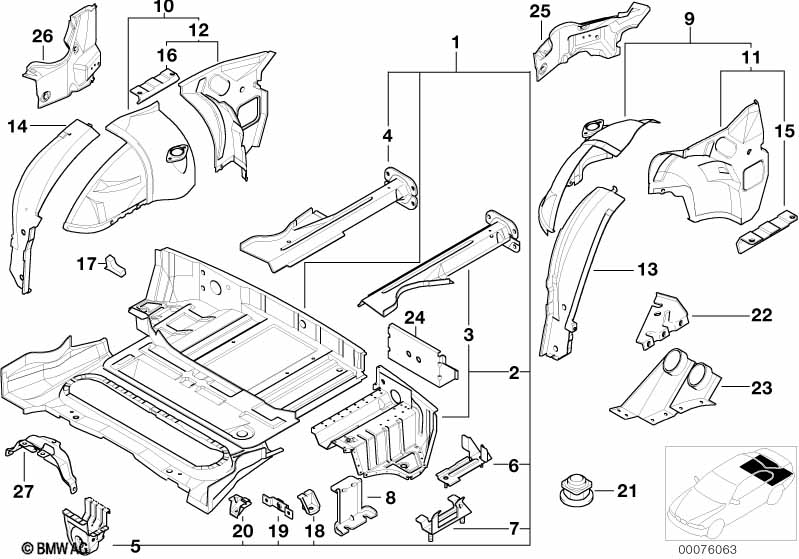 Floor panel trunk/wheel housing rear