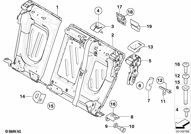 Seat, rear, seat frame, load-through