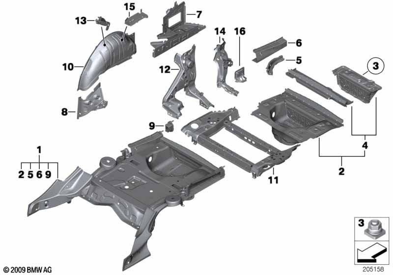 Floor panel trunk/wheel housing rear