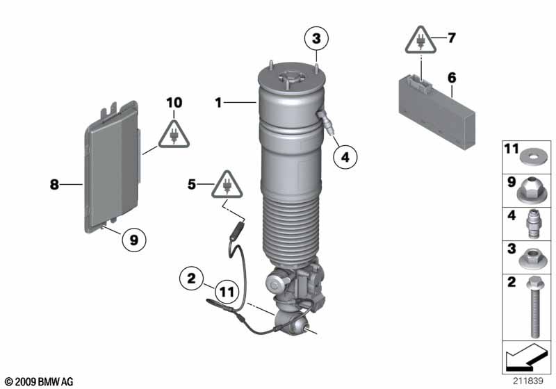 Air spring strut, rear/control units