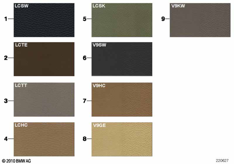 Sample chart, upholstery colors, leather