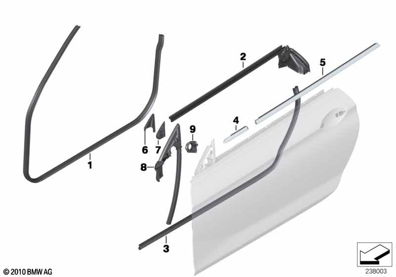 Trim and seals for door, front