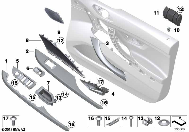 Surface-mounted parts, door panel, front