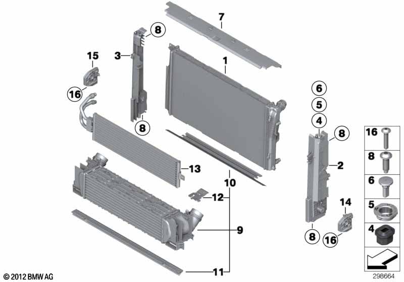 Coolant radiator mounting hardware