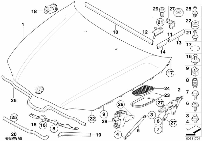Engine hood/mounting parts