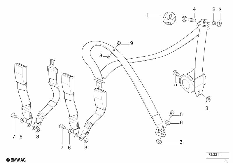 Rear safety belt mounting parts