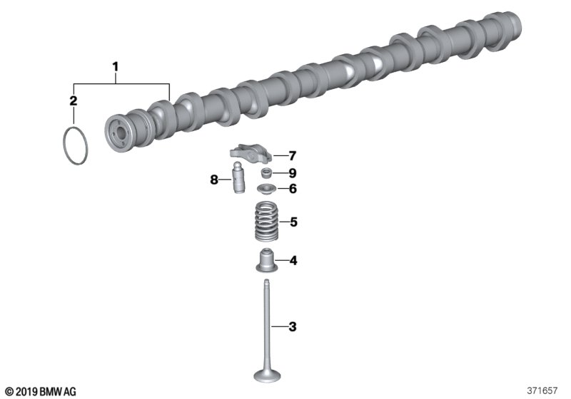 Valve timing gear, camshaft, outlet
