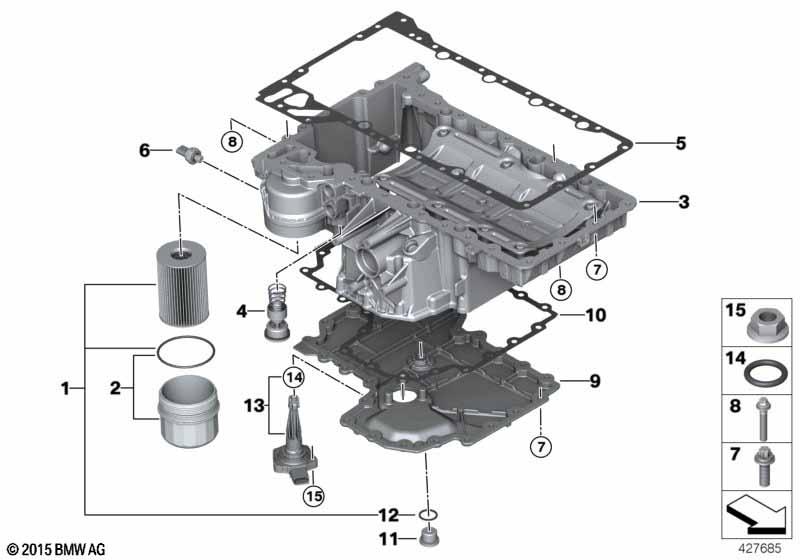 Oil pan/oil filter/oil measurement unit