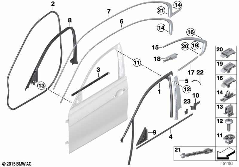 Trim and seals for door, front