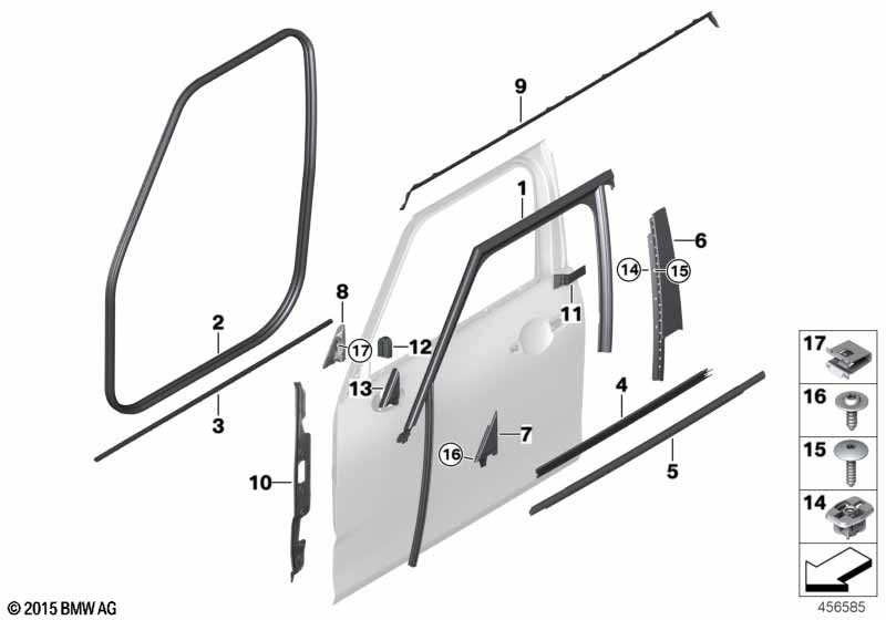 Trim and seals for door, front