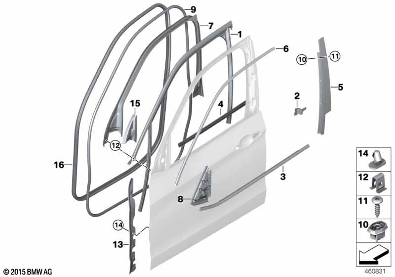 Trim and seals for door, front