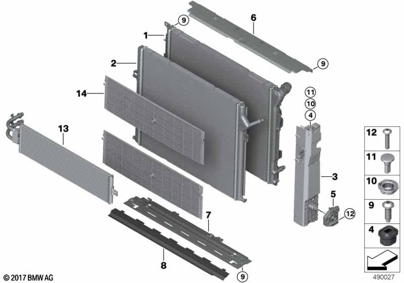 Coolant radiator mounting hardware