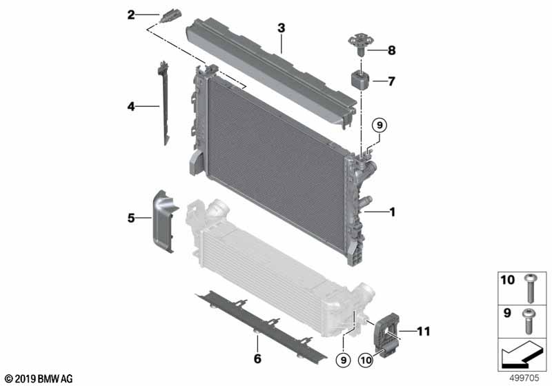 Coolant radiator mounting hardware