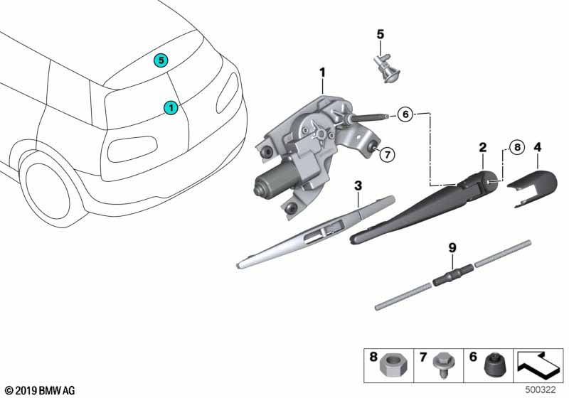 Single parts for rear window wiper