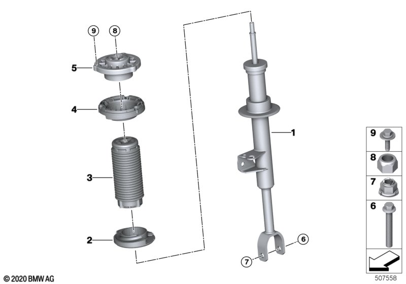 Spring strut, front, installed part, RWD