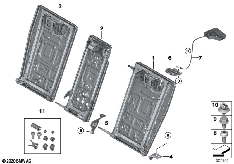 Seat, rear, seat frame, load-through