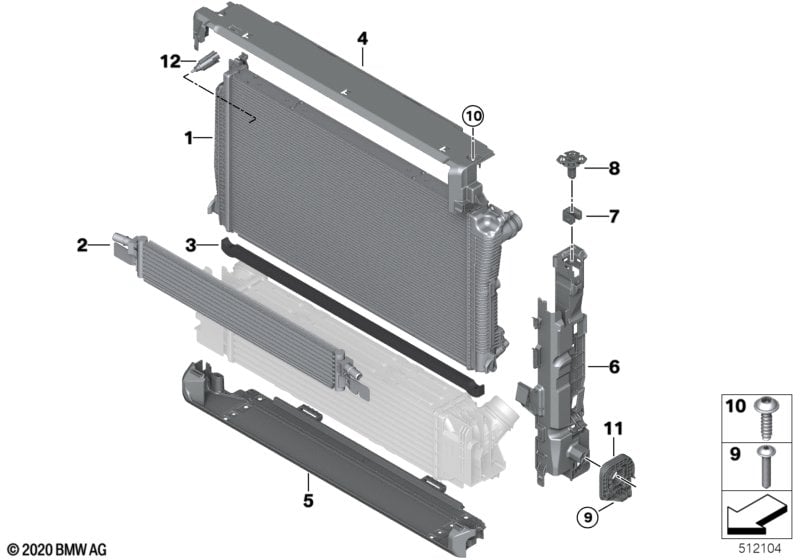 Coolant radiator mounting hardware