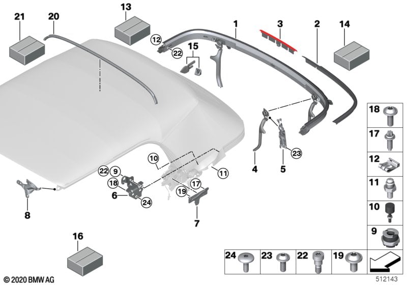 Folding top mounting parts