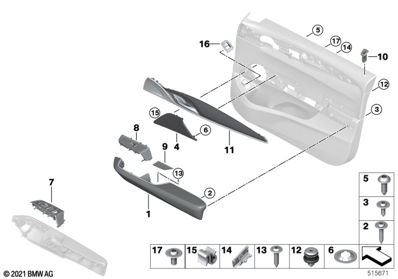 Surface-mounted parts, door panel, front
