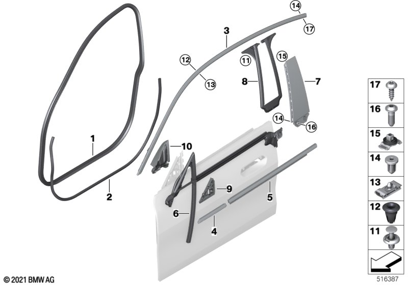 Trim and seals for door, front