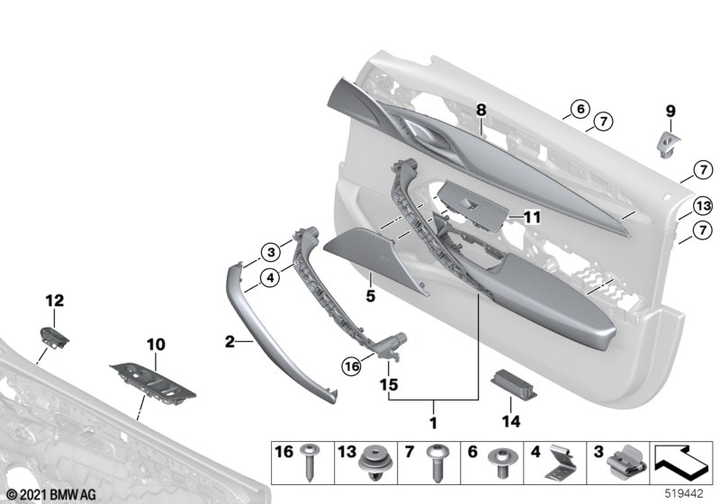 Surface-mounted parts, door panel, front