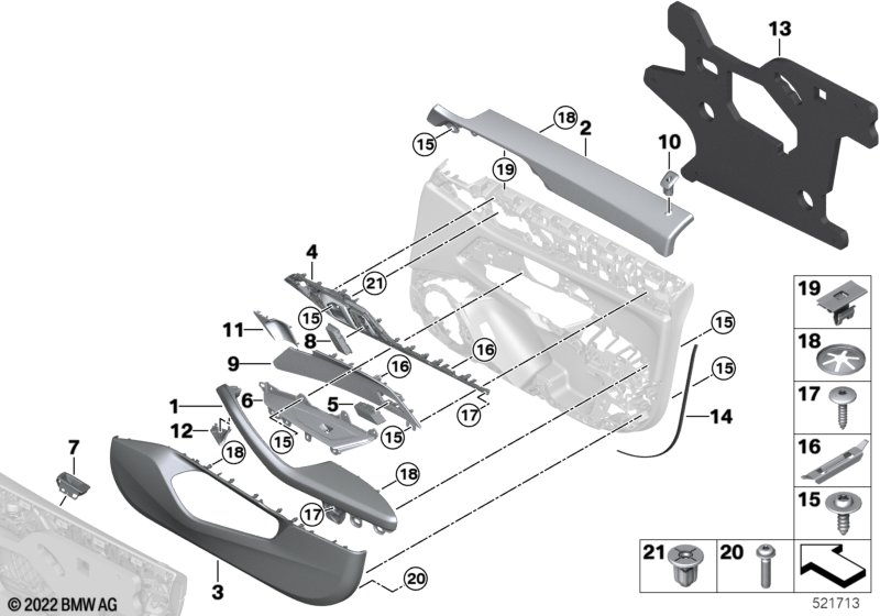 Surface-mounted parts, door panel, front