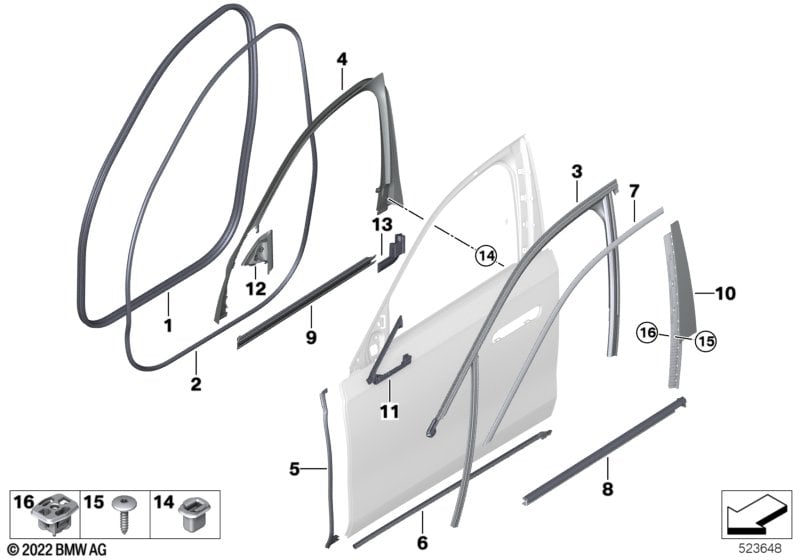 Trim and seals for door, front