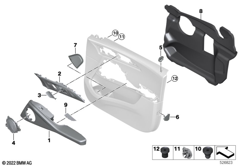Surface-mounted parts, door panel, front