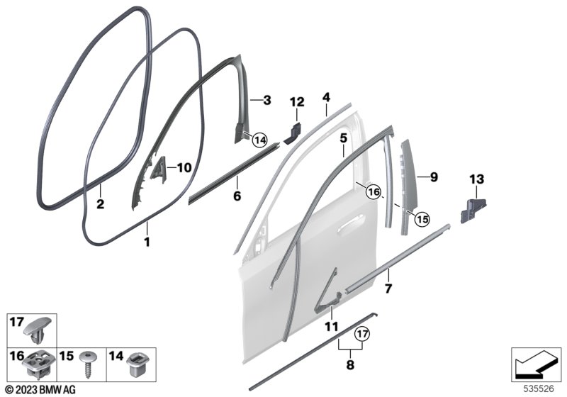 Trim and seals for door, front