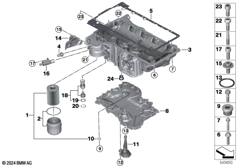 Oil pan/oil filter/oil measurement unit