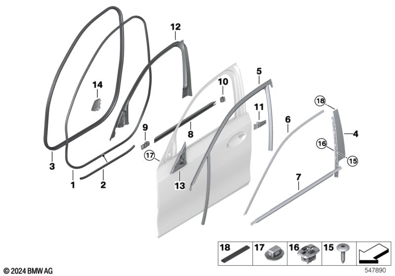 Trim and seals for door, front