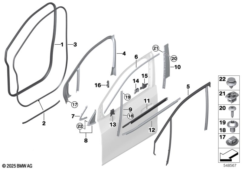 Trim and seals for door, front