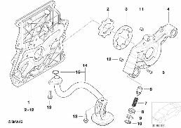Dopływ oleju/pompa olejowa z napędem diagram for BMW MINI R50 Cooper