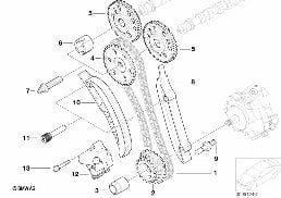 Styrdrev-styrkedja uppe diagram for BMW 5 Series E60 530d