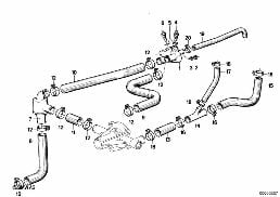 COOLING SYSTEM-THERMOSTAT/WATER HOSES diagram for BMW 5 Series E12 518