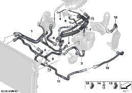 Kylsystems-kylvätskeslangar diagram for BMW 3 Series F30 LCI 320iX