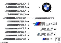 EMBLEMS / LETTERINGS diagram for BMW X2 U10 iX2 eDrive20